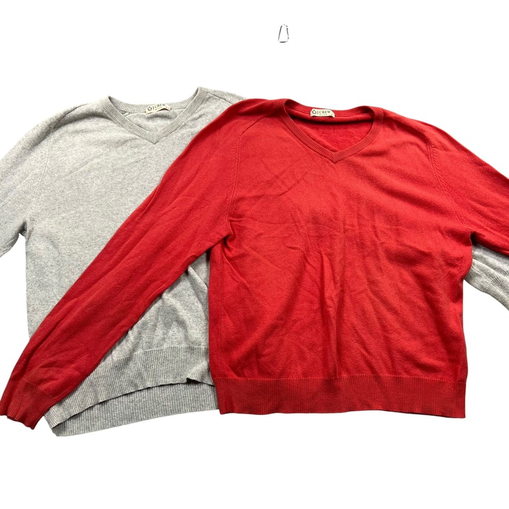 J. Crew V-Neck Sweater Mens Medium Gray Red Cotton Cashmere Blend Lot of 2
